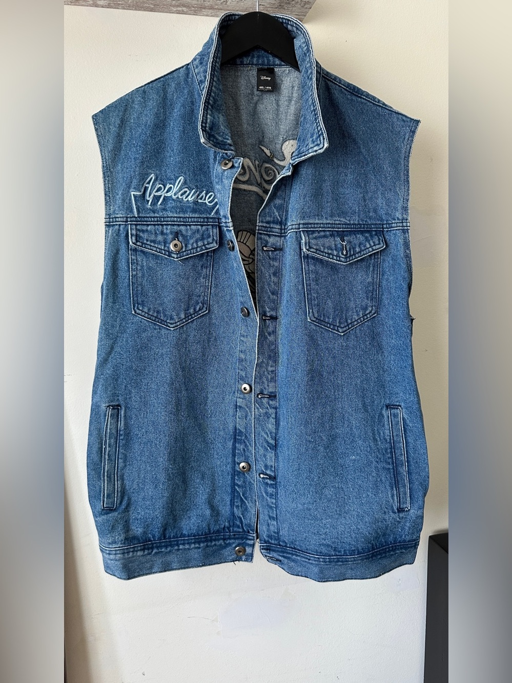 Denim Sleeveless Vest with 'Applause' Embroidery 4XL